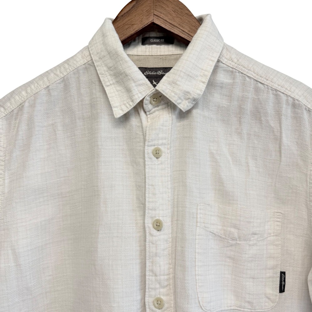 Eddie Bauer Shirt Mens M Ivory Short Sleeve Linen Cotton Blend Classic Fit Beach